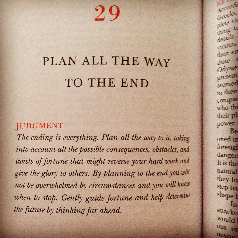 An open page of The 48 Laws of Power showing Law 29, Plan All the Way to the End