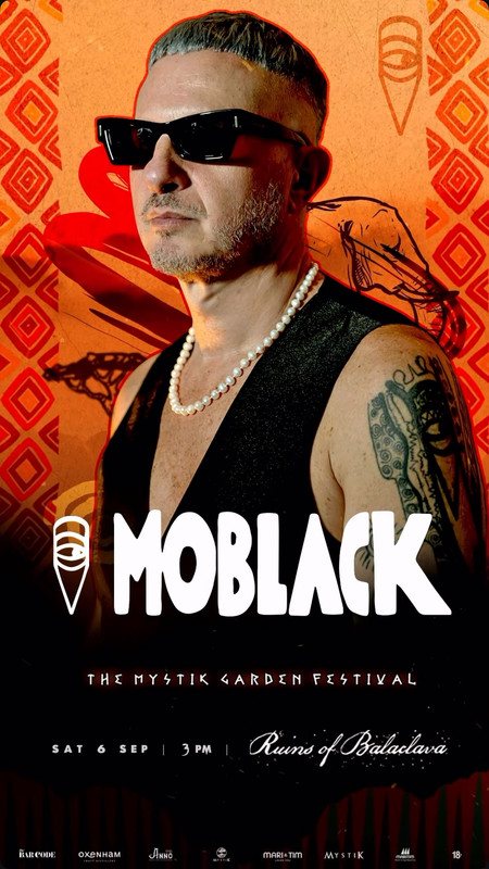 Promotional poster for The Mystik Garden Festival featuring MoBlack, Saturday 6 September at the Ruins of Balaclava