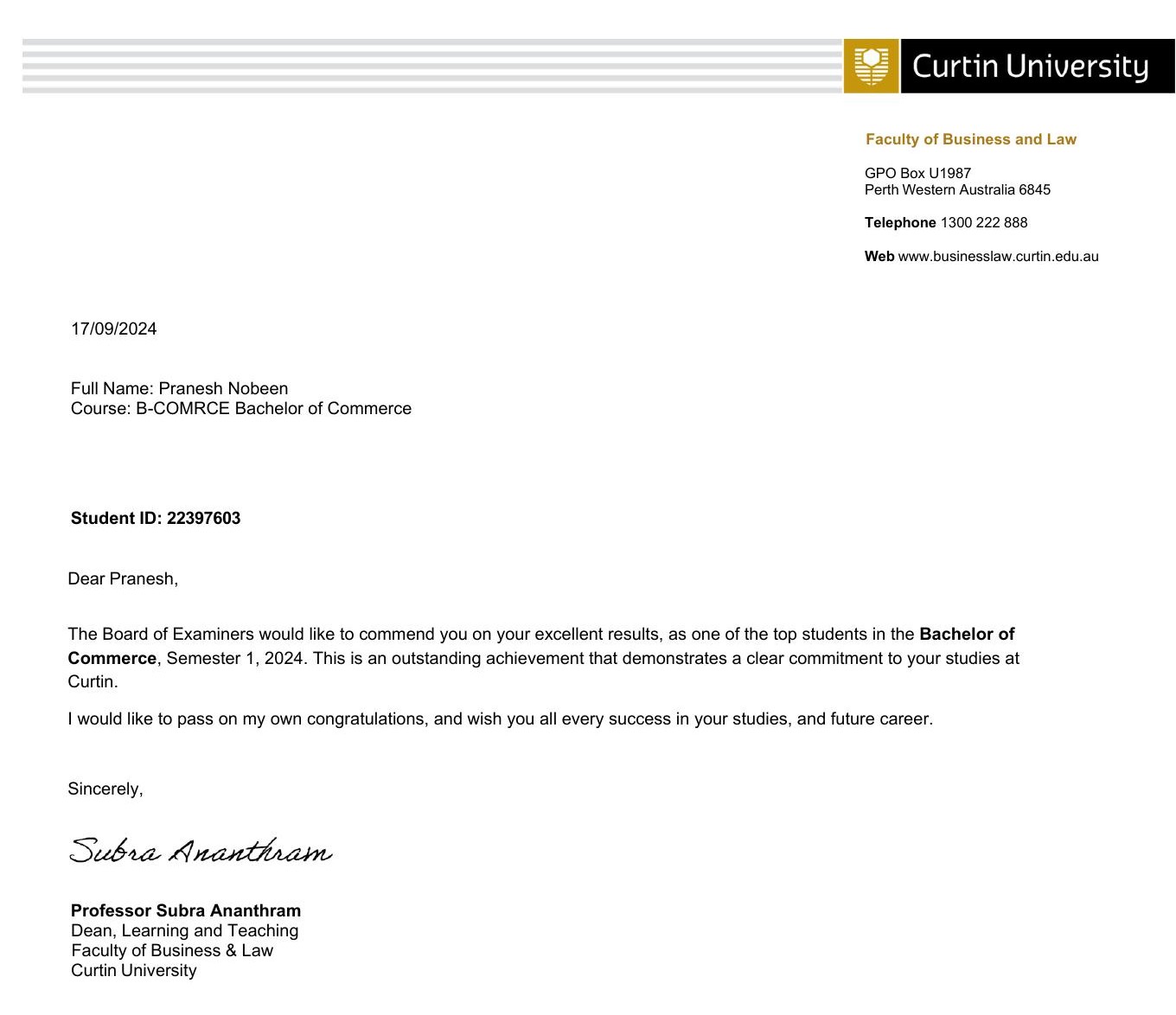 Letter of commendation from Curtin University's Faculty of Business and Law, dated 17 September 2024