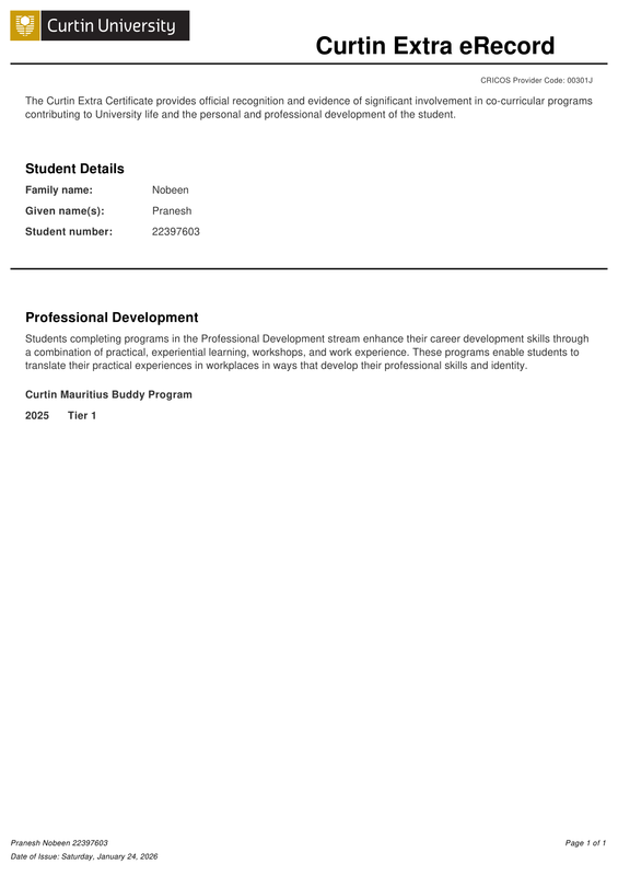 Curtin Extra eRecord certificate showing the Curtin Mauritius Buddy Program at Tier 1 for 2025, issued by Curtin University