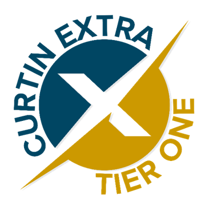 Curtin Extra Tier One recognition badge: a circular seal split diagonally into a teal upper half and a gold lower half, with a large X at the centre and the words Curtin Extra and Tier One arced around the edge