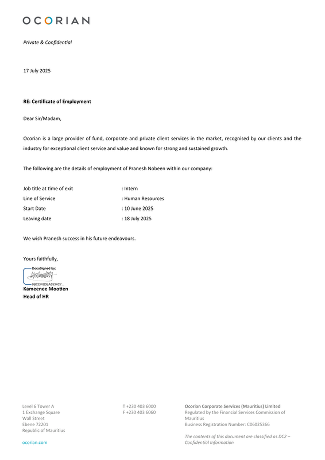 Certificate of Employment issued by Ocorian Corporate Services (Mauritius) Limited confirming Pranesh Nobeen's internship in the Human Resources line of service, signed by the Head of Human Resources on 17 July 2025