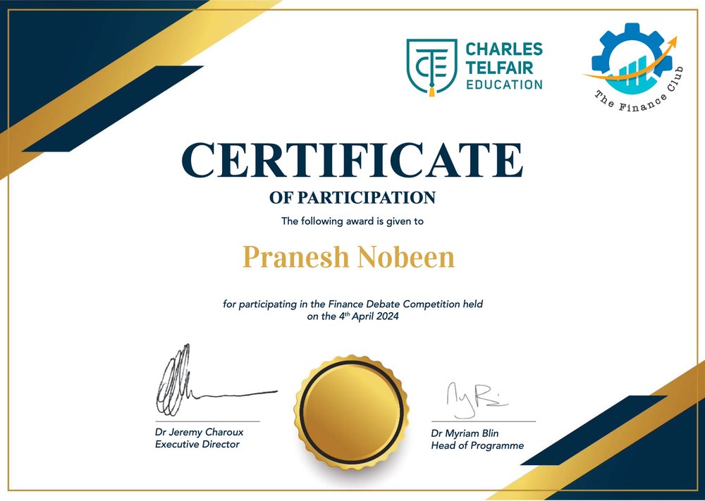 Certificate of participation awarded to Pranesh Nobeen for the Finance Debate Competition held on 4 April 2024