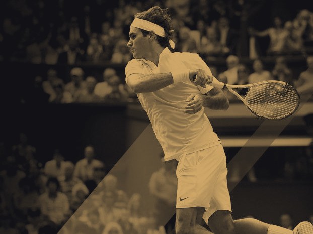 Roger Federer airborne while hitting a forehand on a grass court